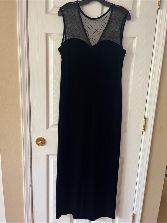 Ynknown Dresses & Skirts - Elegant Black Velvet Maxi Dress with Sheer Polka Dot Yoke